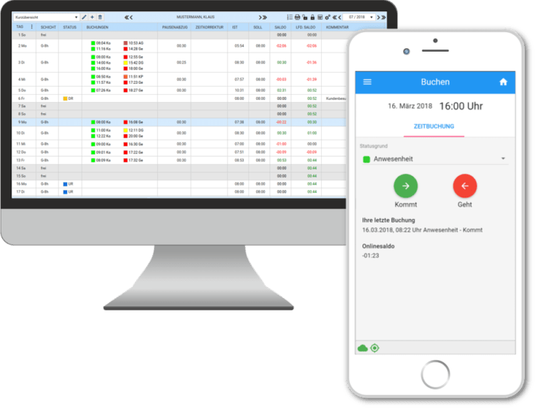 TiMaS Mobile MitarbeiterZeiterfassung am Computer und per App