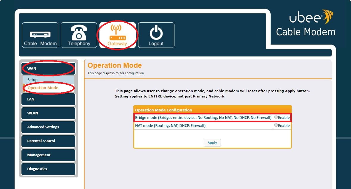 Setting the Ubee wireless modem to Bridge/Router mode Help Centre Melita Malta