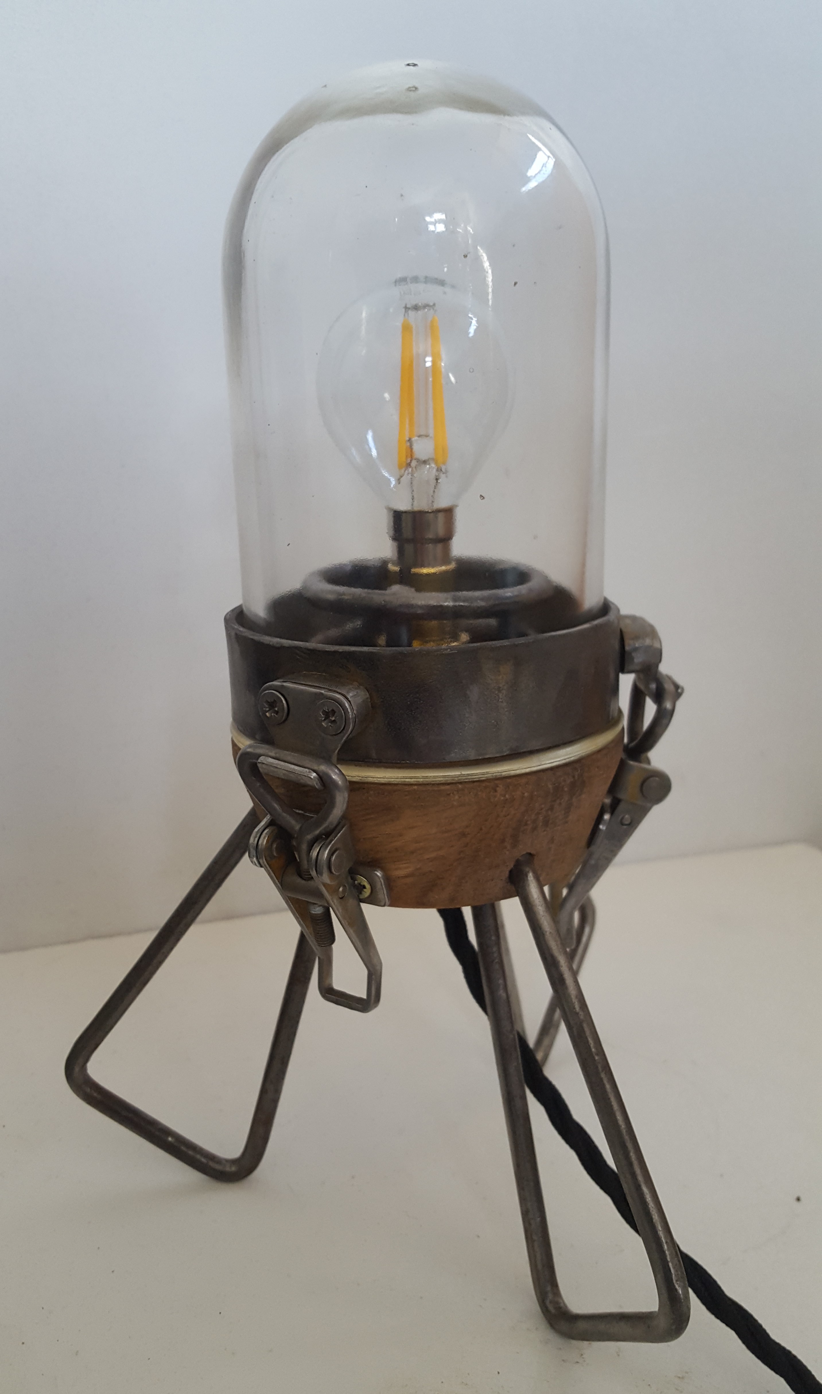 Turned oak base with lacquered steel legs and latches. Oak Tripod Lamp - Mendham Maker