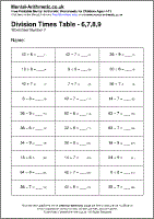 Division Times Table - 6,7,8,9 Worksheets - Free Printable Pdf