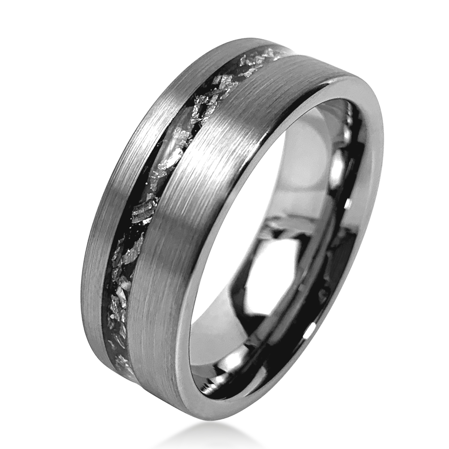 China Popular Matt Black Tungsten Ring With Crushed Meteorite Inlay