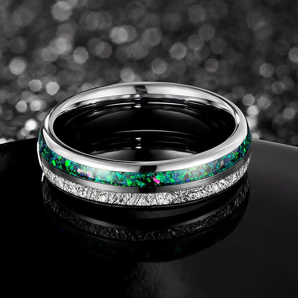 China Tungsten Carbide Wedding Ring Real green Opal & silver Meteorite