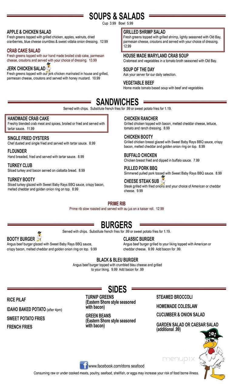 Menu of Don's Seafood and Chicken House and Don's Pirates Pub in
