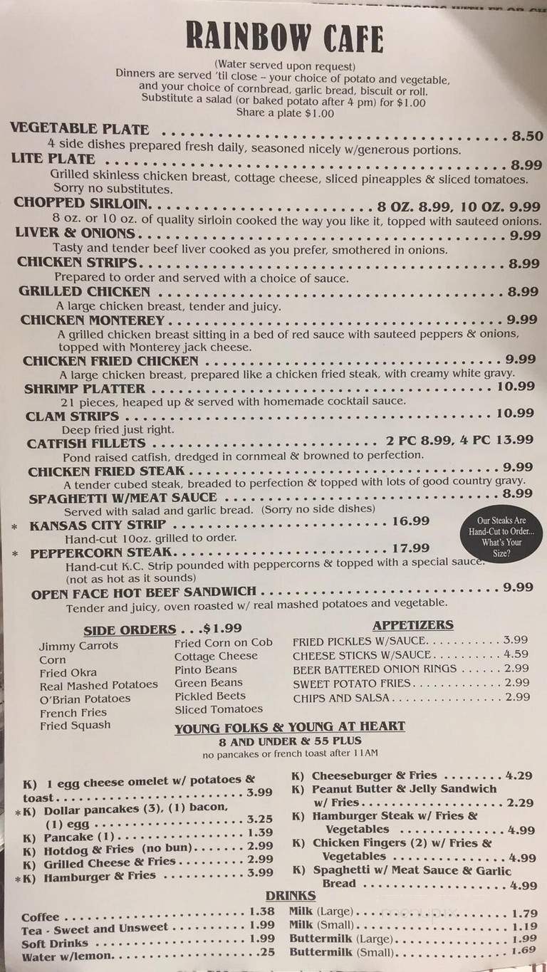 Menu of P J's Rainbow Cafe in Mountain View, AR 72560