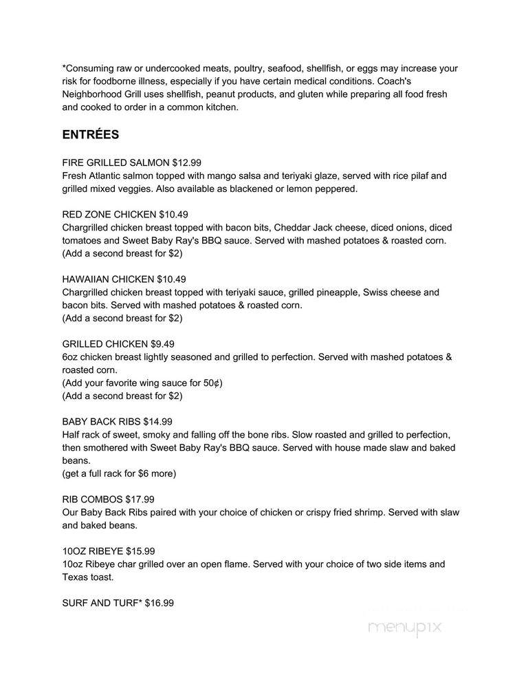 Online Menu of Coach's Neighborhood Grill, Thomasville, NC