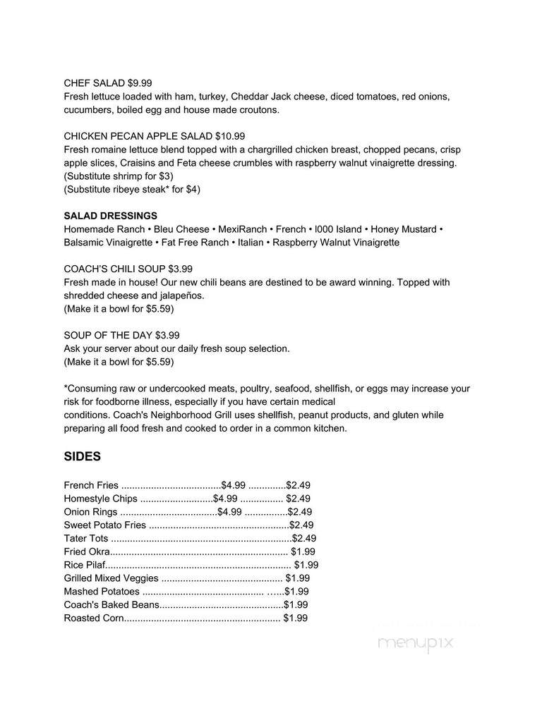 Online Menu of Coach's Neighborhood Grill, Thomasville, NC