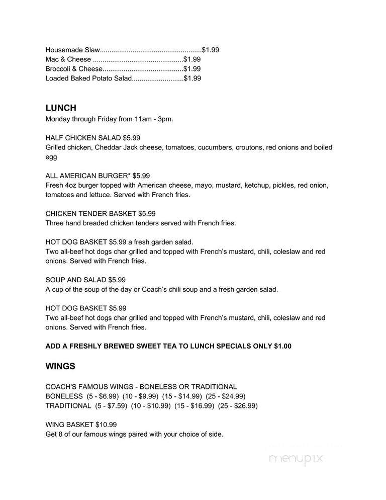 Online Menu of Coach's Neighborhood Grill, Thomasville, NC