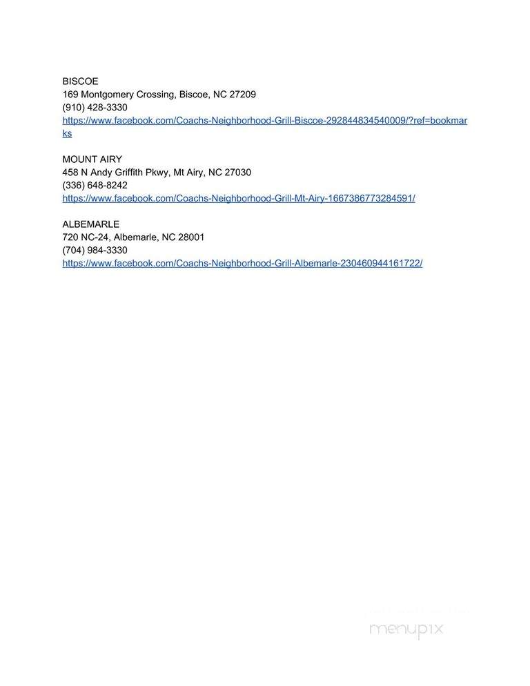 Online Menu of Coach's Neighborhood Grill, Thomasville, NC