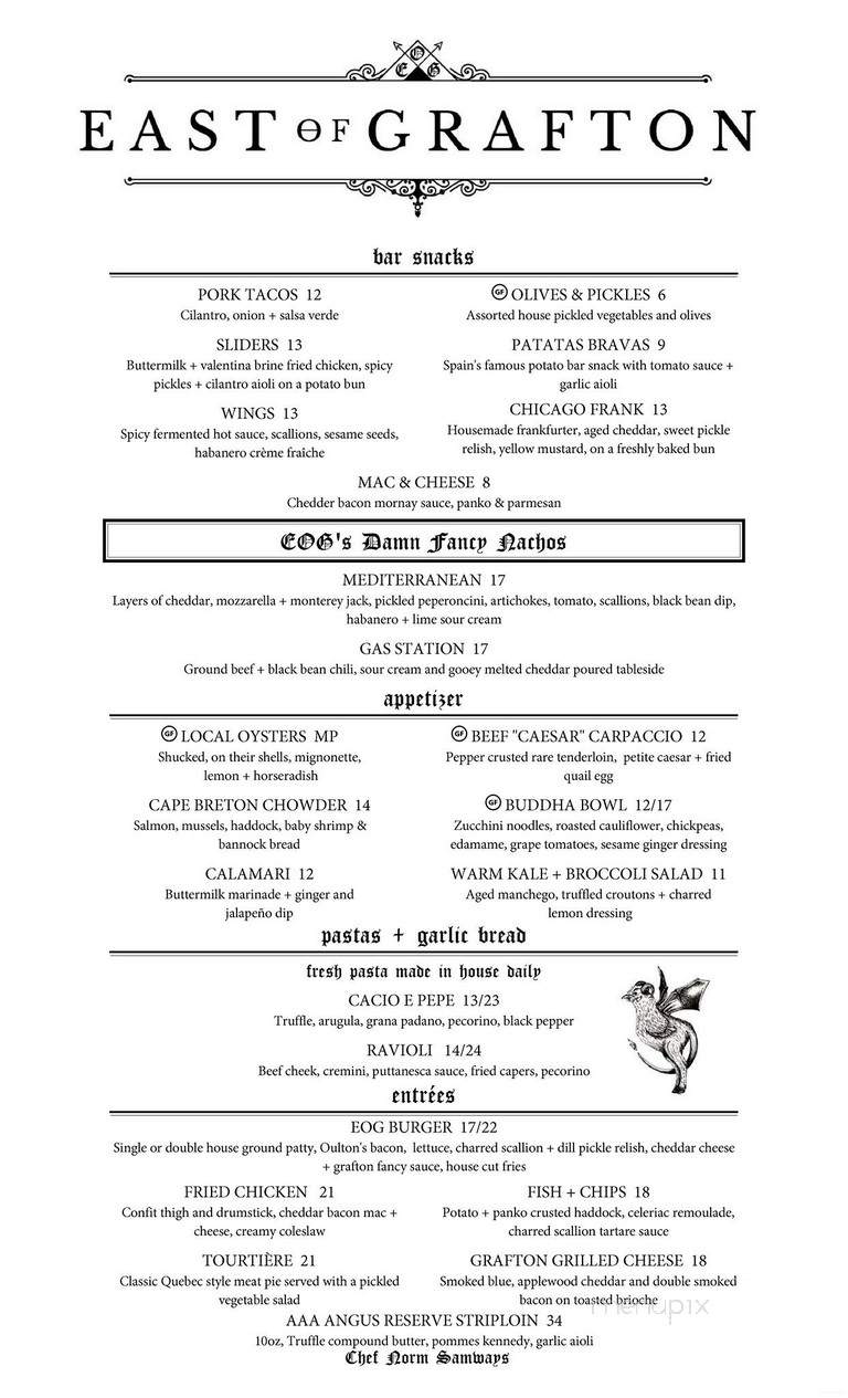 Menu of East of Grafton Tavern in Halifax, NS B3J 1H5