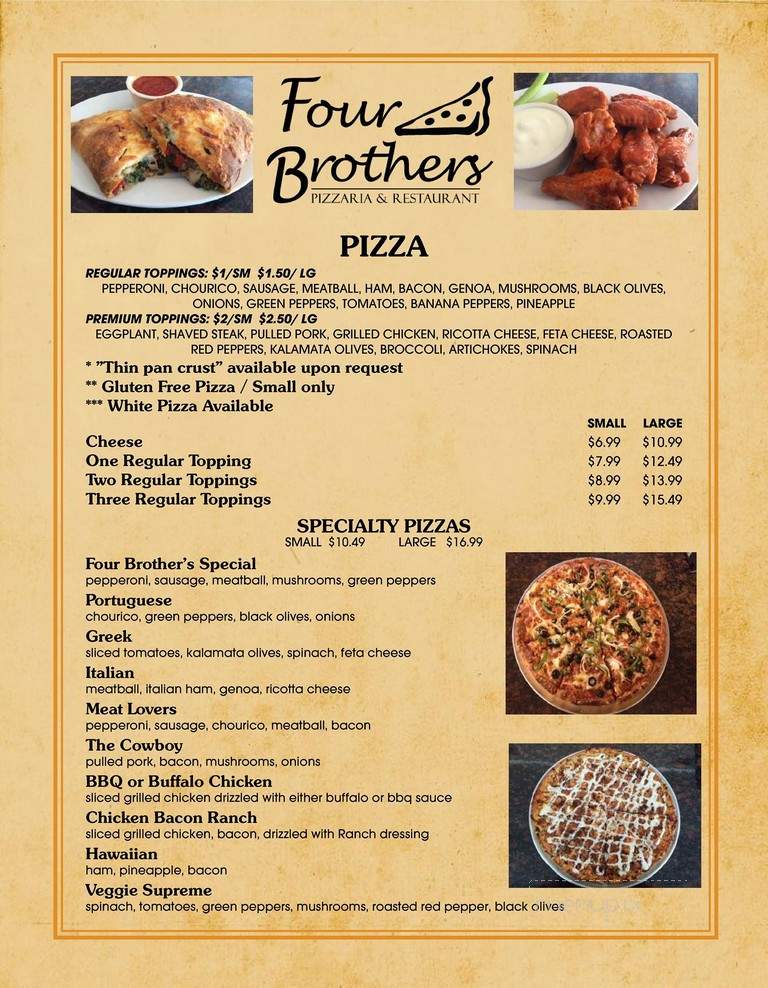 Menu of Four Brothers Pizzaria & Restaurant in North Kingstown, RI 02852