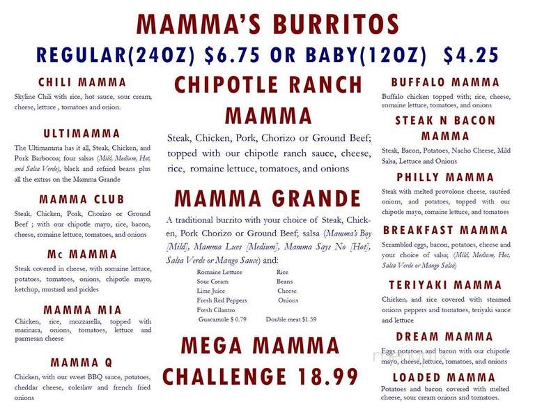 Online Menu of Big Mamma's Burritos, Athens, OH