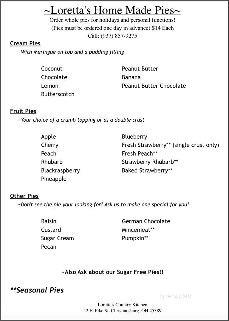 Online Menu of Loretta's Country Kitchen, Christiansburg, OH