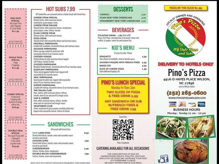 Online Menu of Pino's Pizza, Wilson, NC
