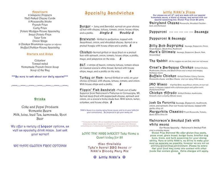 Menu of Little Nikki's in Cornucopia, WI 54827