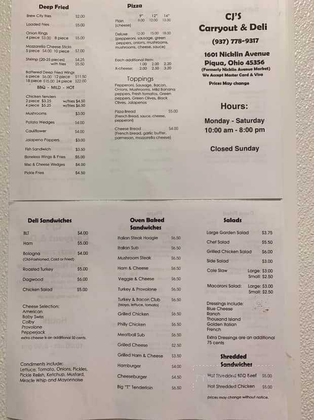 Online Menu of C J's Carry Out & Deli, Piqua, OH