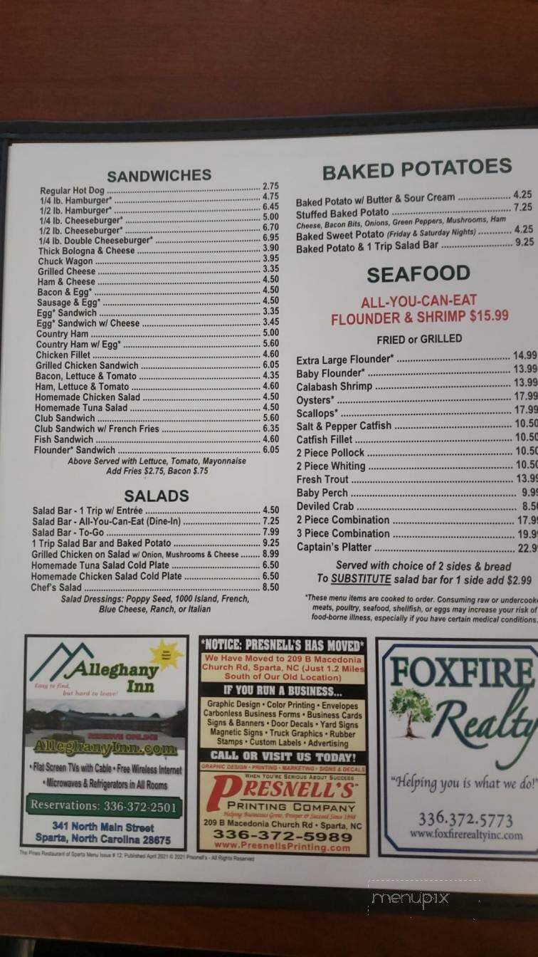 Online Menu of Pines Restaurant, Sparta, NC