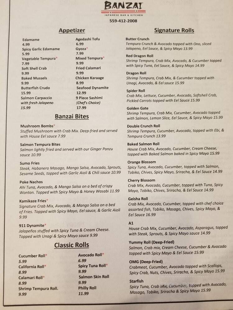 Menu of Banzai Japanese Bar & Kitchen in Fresno, CA 93728