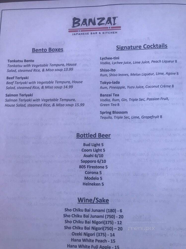 Menu of Banzai Japanese Bar & Kitchen in Fresno, CA 93728