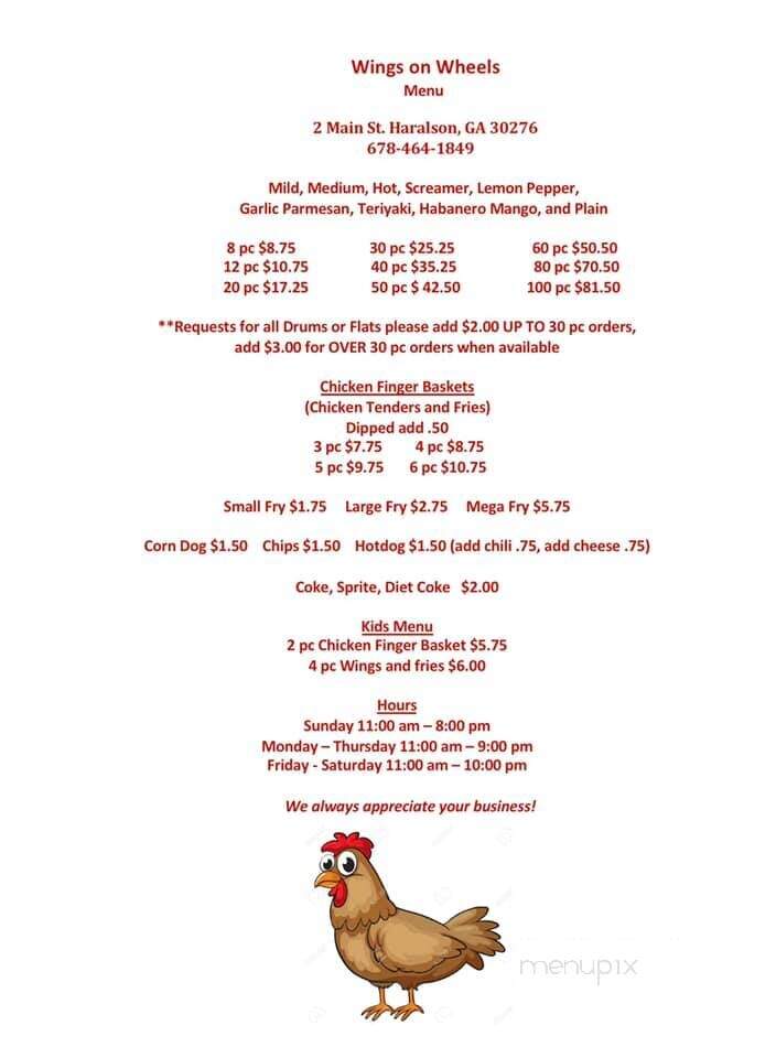 Menu of Wings On Wheels in Senoia, GA 30276
