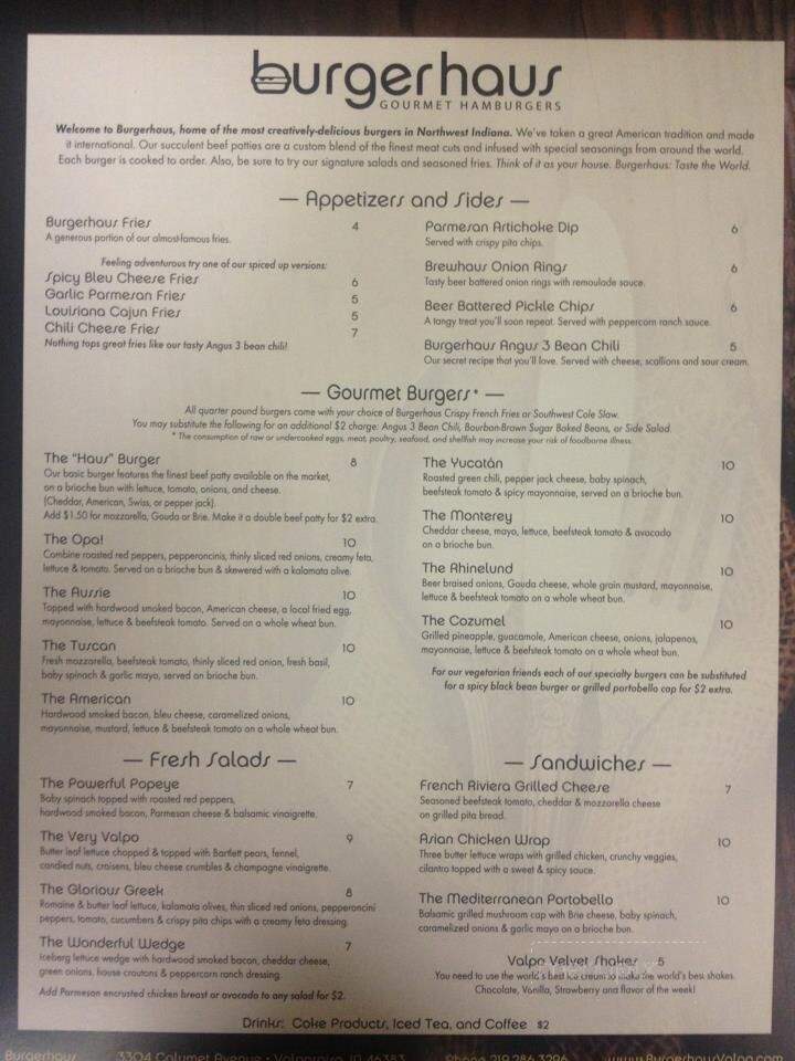 Menu of Burgerhaus in Valparaiso, IN 46383