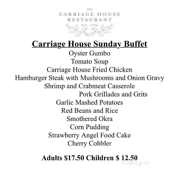 Menu of Carriage House Restaurant in Natchez, MS 39120