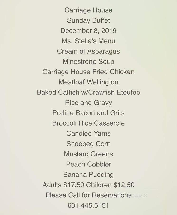 Menu of Carriage House Restaurant in Natchez, MS 39120
