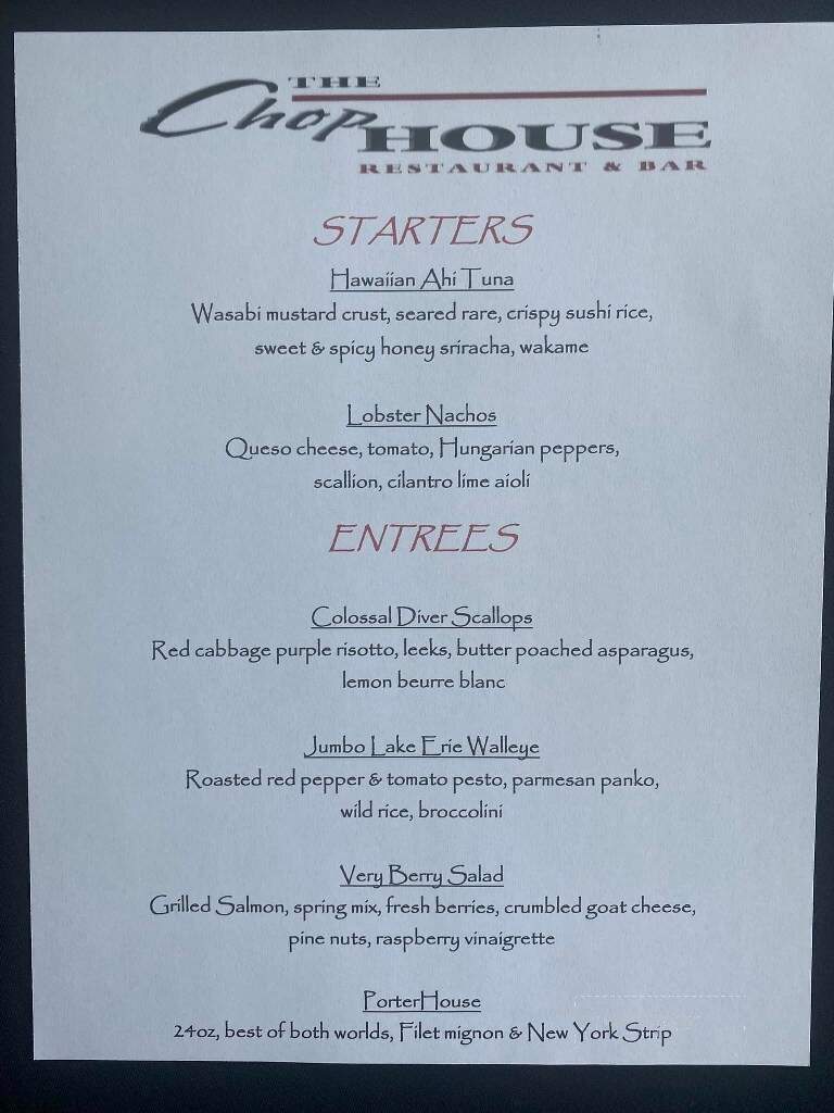 Online Menu of Chophouse, Warren, OH