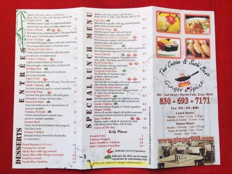Online Menu of Ginger & Spice, Marble Falls, TX