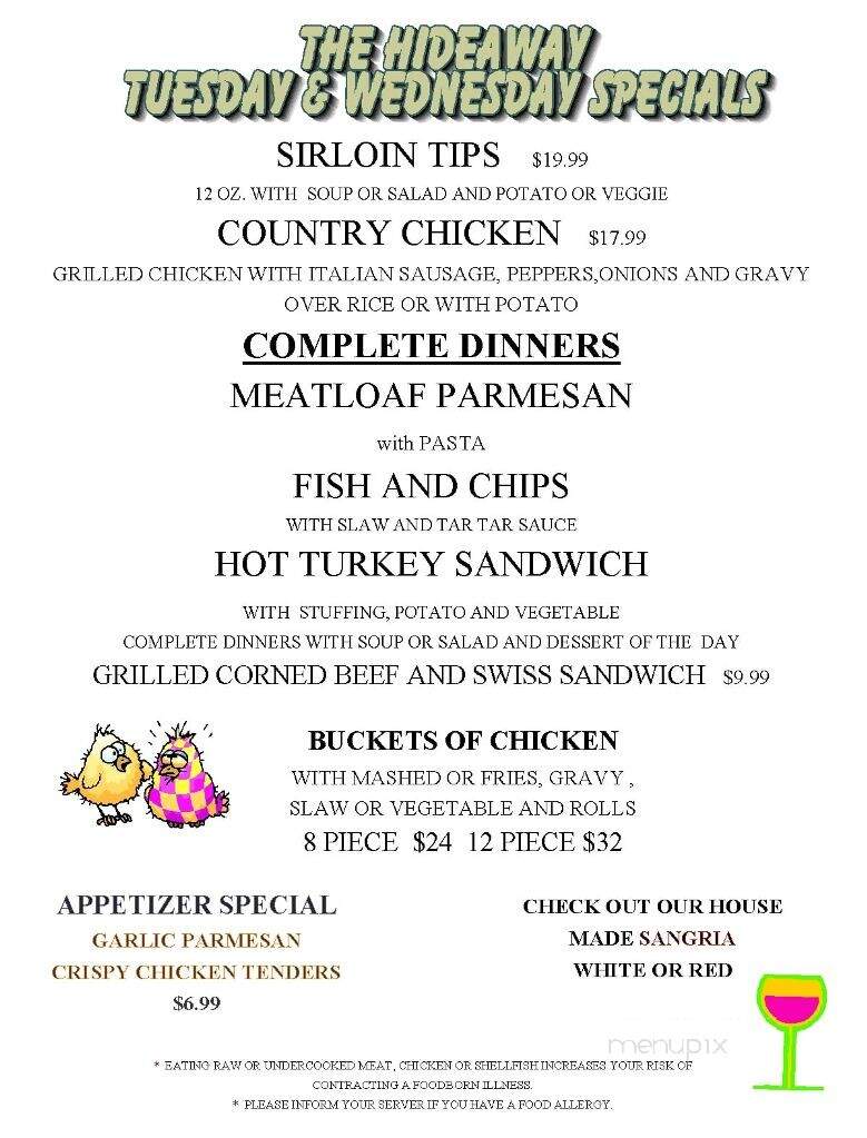 Menu of Hideaway Restaurant in Middleboro, MA 02346