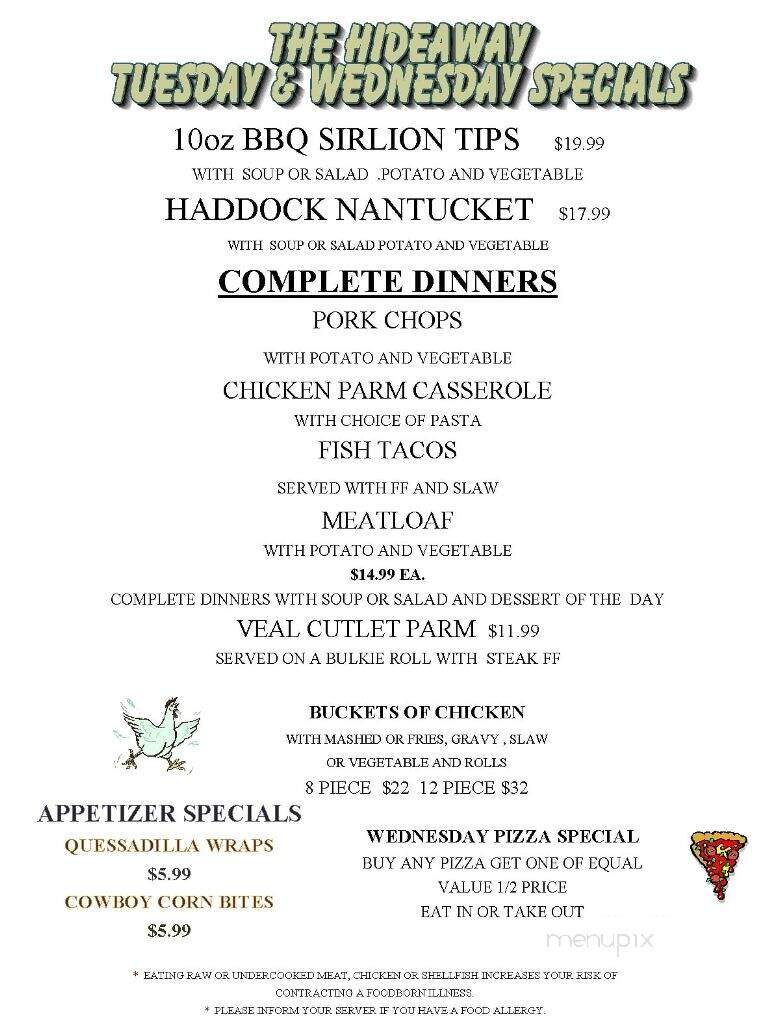 Menu of Hideaway Restaurant in Middleboro, MA 02346