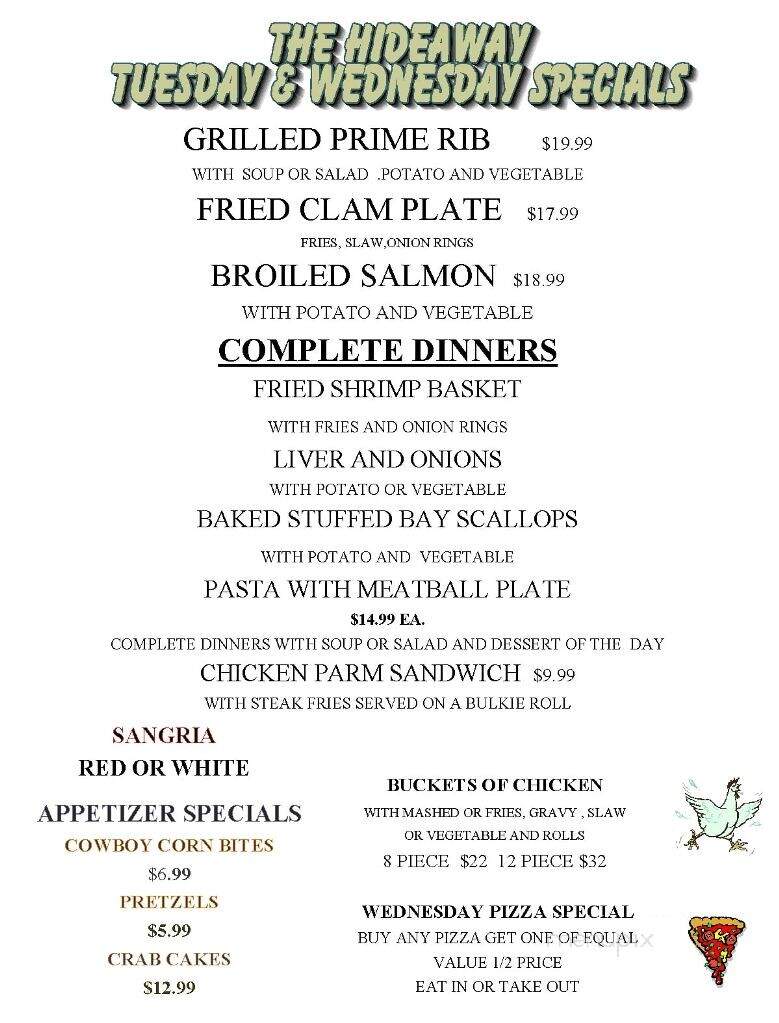 Menu of Hideaway Restaurant in Middleboro, MA 02346