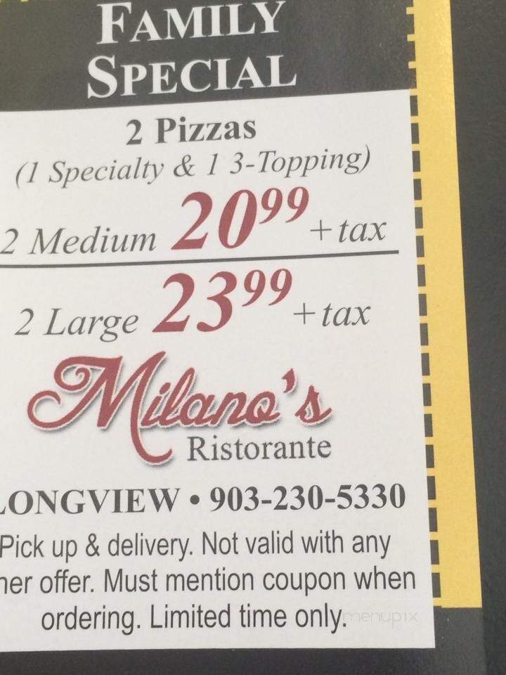 Online Menu of Milano's Family Restaurant, Longview, TX