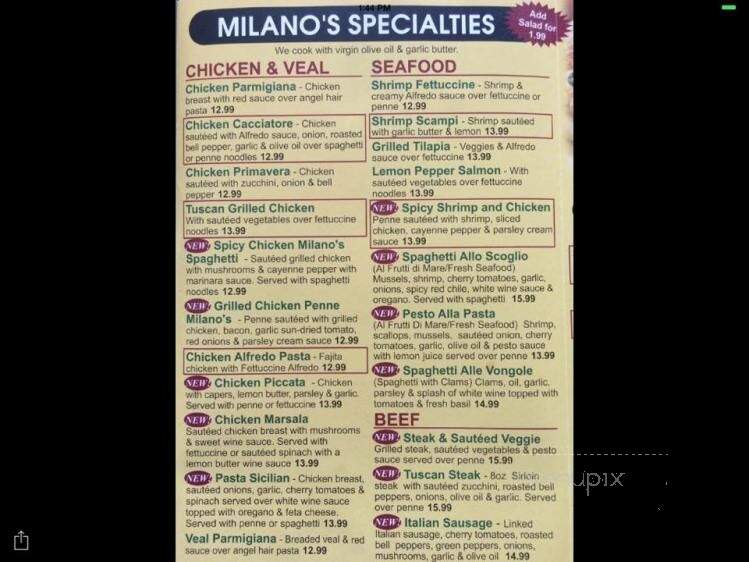 Online Menu of Milano's Family Restaurant, Longview, TX