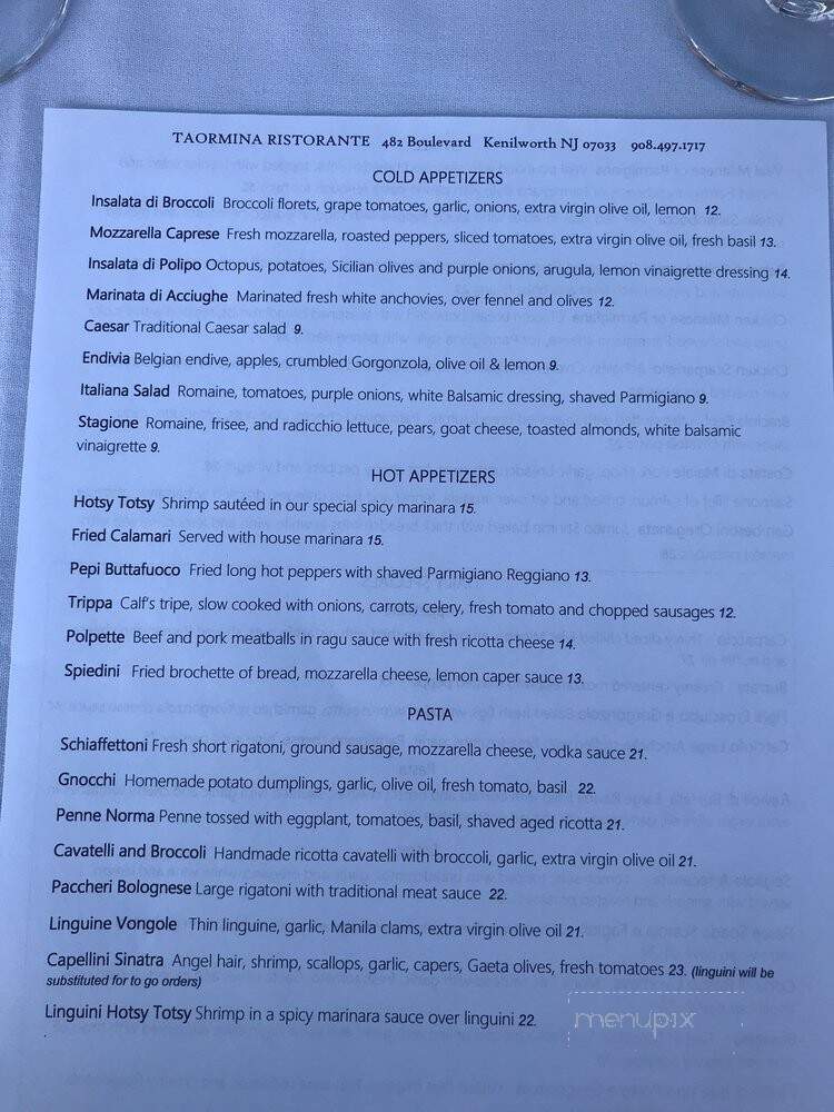 Menu of Taormina Restaurant in Kenilworth, NJ 07033