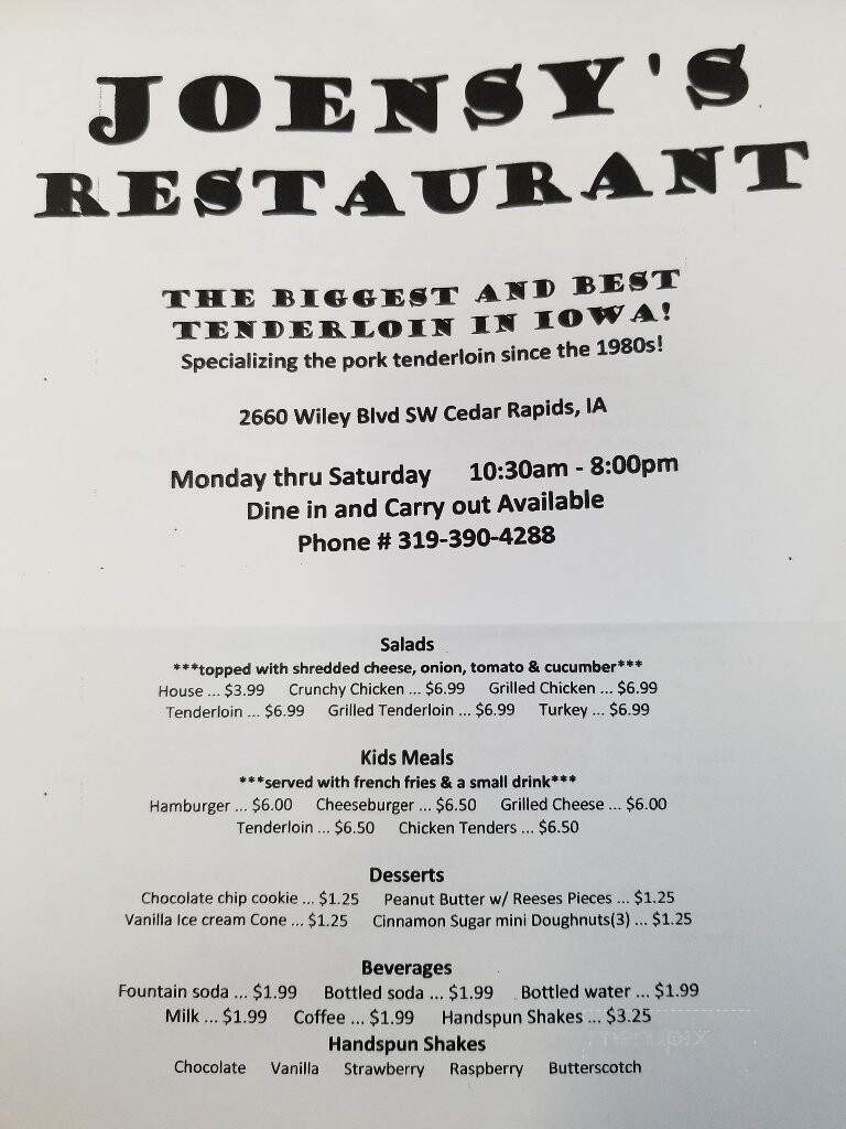Menu of Joensy's Restaurant in Cedar Rapids, IA 52404