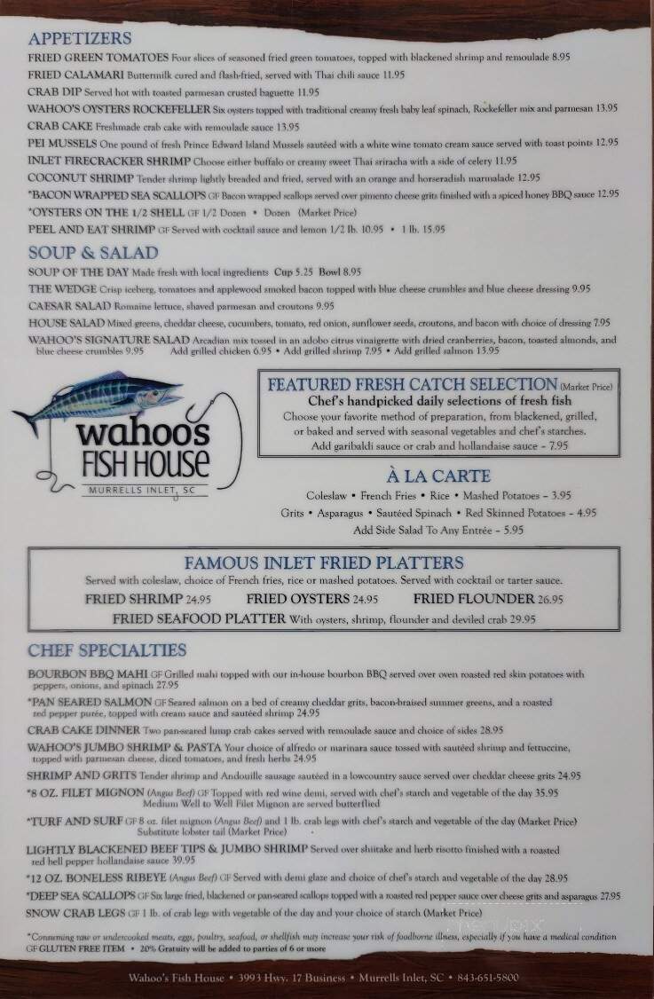 Menu of Wahoo's Raw Bar & Marina in Murrells Inlet, SC 29576