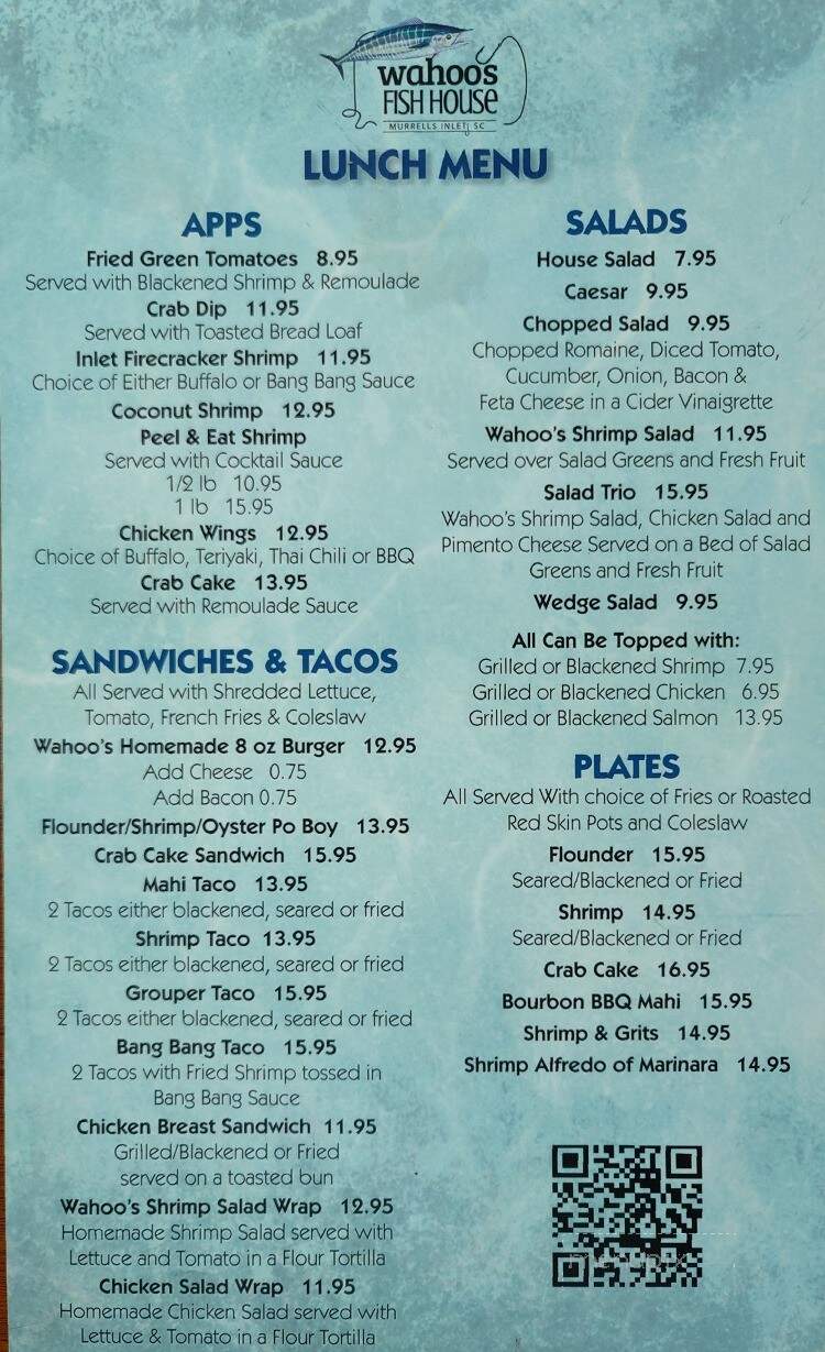 Menu of Wahoo's Raw Bar & Marina in Murrells Inlet, SC 29576