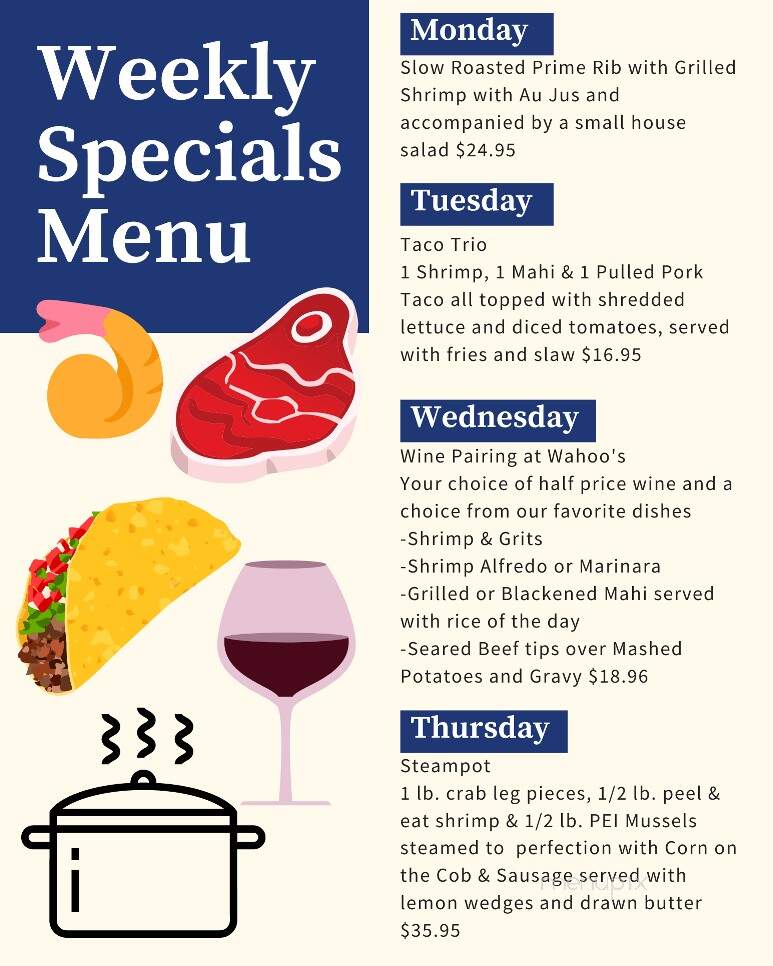 Menu of Wahoo's Raw Bar & Marina in Murrells Inlet, SC 29576