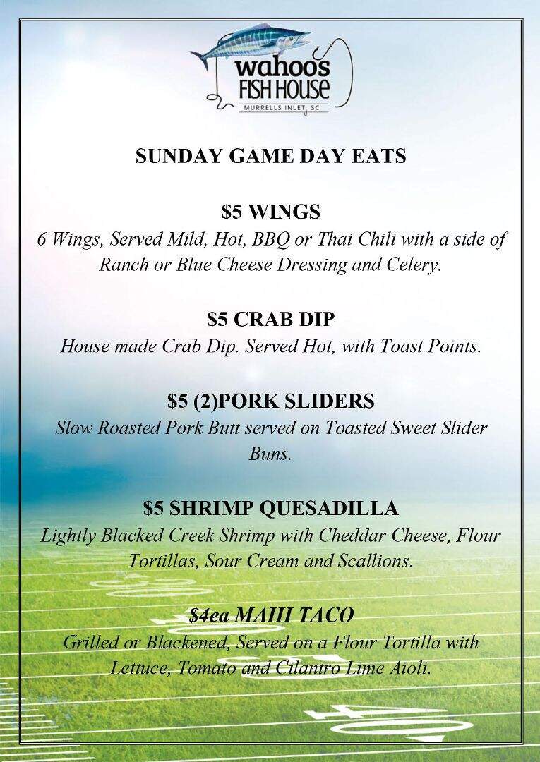 Menu of Wahoo's Raw Bar & Marina in Murrells Inlet, SC 29576
