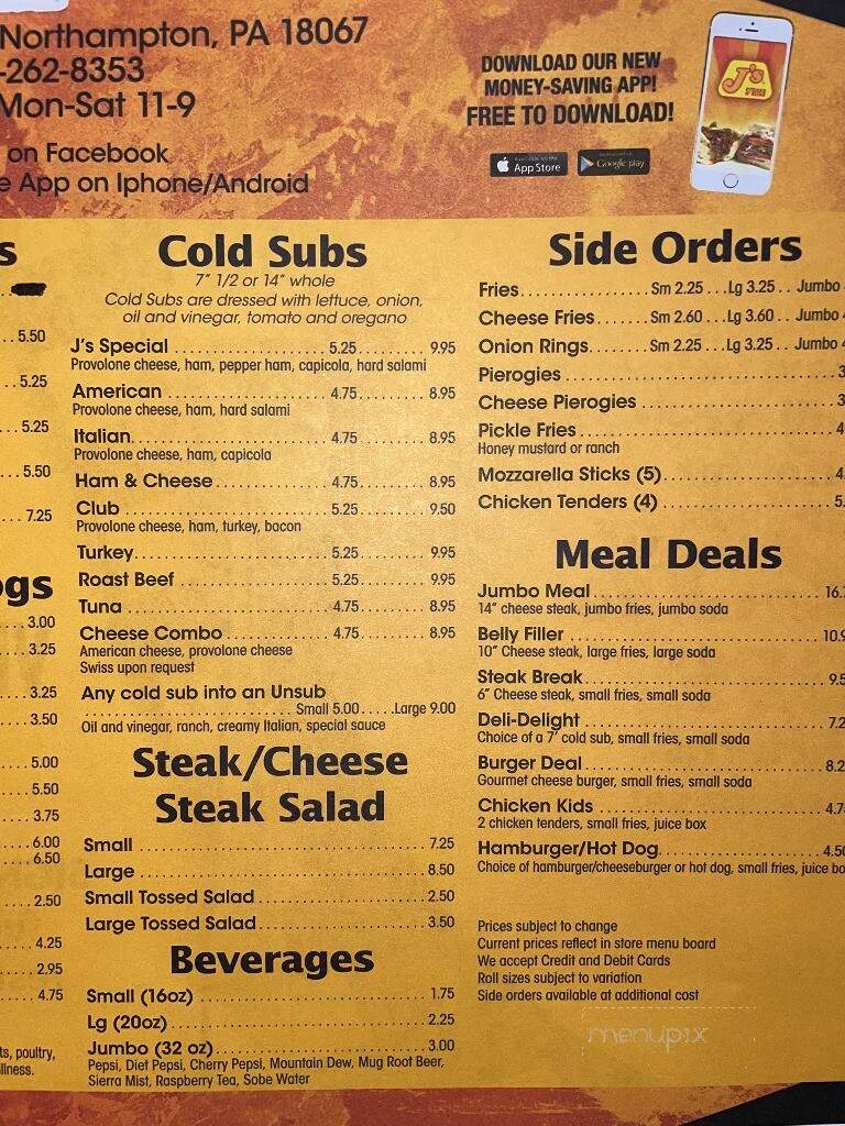 Menu of J's Steaks & Subs in Northampton, PA 18067