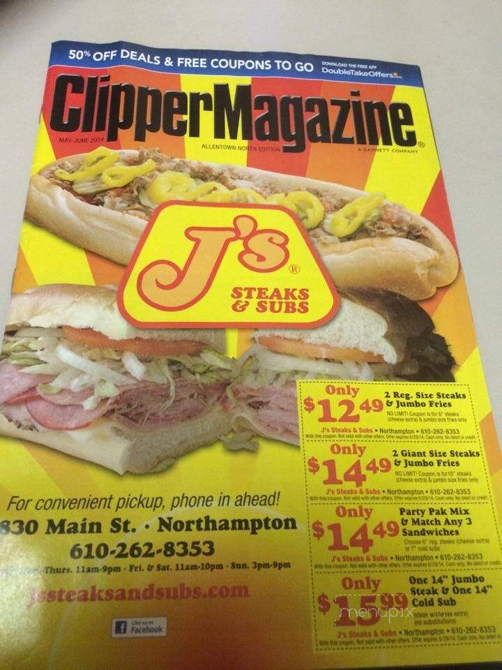 Menu of J's Steaks & Subs in Northampton, PA 18067