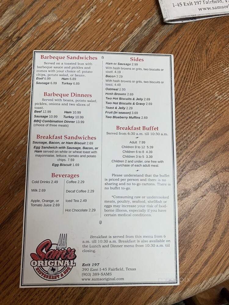 Online Menu of Sam's Restaurant, Fairfield, TX