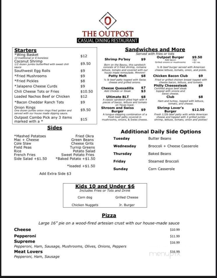 Menu of The Outpost Casual Dining Restaurant in New Brockton, AL 36351