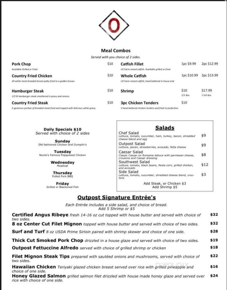 Menu of The Outpost Casual Dining Restaurant in New Brockton, AL 36351