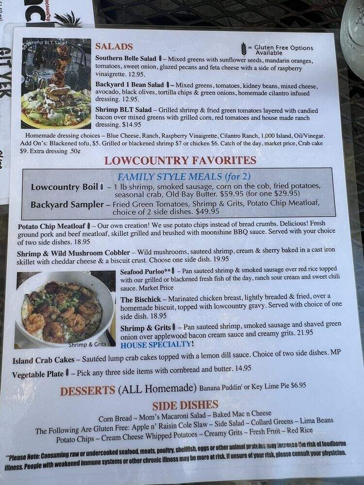 Menu of Backyard Restaurant in Hilton Head Island, SC 29928