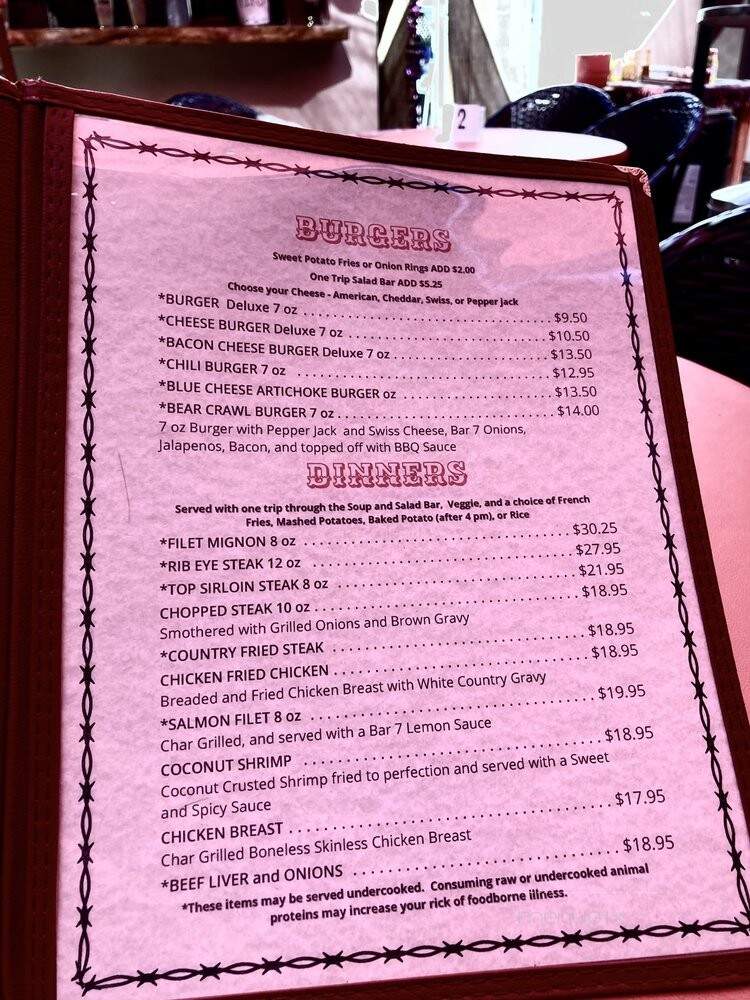 Online Menu of Rancho Bar 7, Wickenburg, AZ
