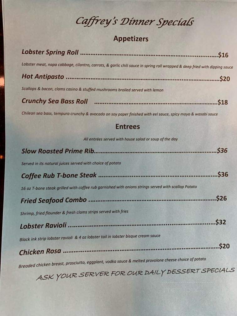 Menu of Caffrey's Restaurant in Forked River, NJ 08731