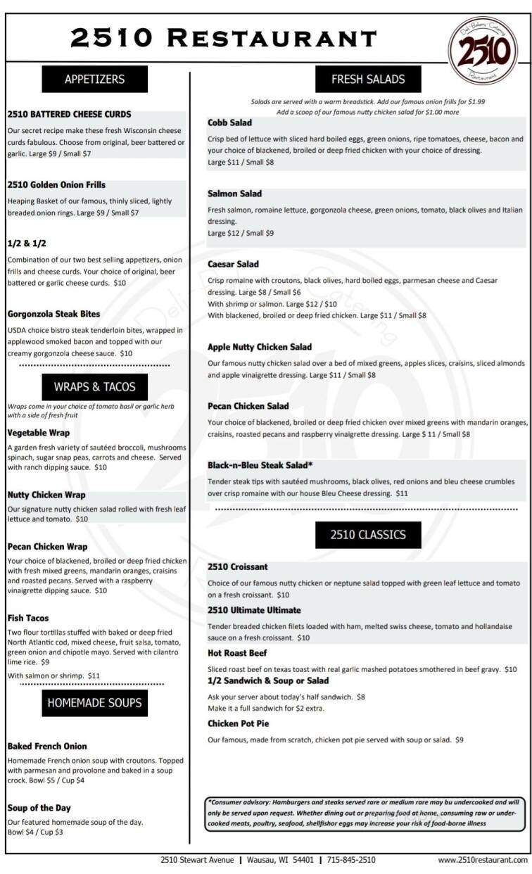 Menu of 2510 Restaurant in Wausau, WI 54401