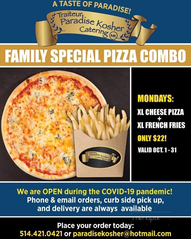 Menu of Paradise Kosher in Dollarddes Ormeaux, QC H9B 2R8