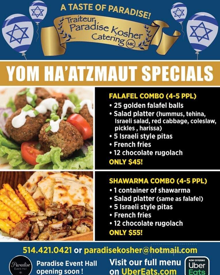 Menu of Paradise Kosher in Dollarddes Ormeaux, QC H9B 2R8